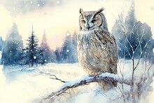 Owl Illustration Of A Snowy Winter Scene. Generative AI