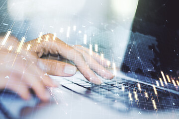 Poster - Multi exposure of abstract creative financial chart with world map and with hand typing on computer keyboard on background, research and analytics concept