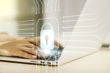 Aufkleber - Creative lock illustration with microcircuit and hands typing on computer keyboard on background, cyber security concept. Multiexposure
