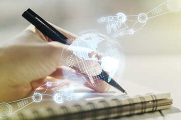 Aufkleber - Creative abstract robotics technology sketch with globe and woman hand writing in notepad on background, future technology and AI concept. Double exposure