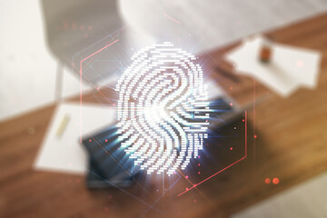 Aufkleber - Abstract creative fingerprint illustration and modern desktop with pc on background, personal biometric data concept. Multiexposure