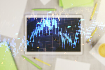 Poster - Double exposure of abstract creative financial chart with world map and digital tablet on background, top view, research and strategy concept