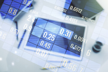 Poster - Abstract creative stats data concept and modern digital tablet on background, top view. Multiexposure