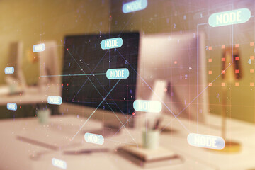Poster - Multi exposure of abstract creative coding sketch on modern laptop background, artificial intelligence and neural networks concept