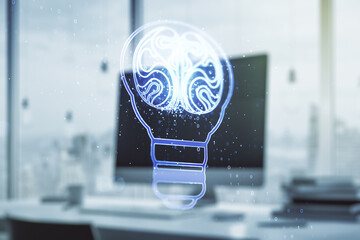 Aufkleber - Double exposure of creative light bulb hologram with human brain on laptop background, idea and brainstorming concept