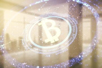 Poster - Virtual Bitcoin hologram on empty corporate office background. Multiexposure