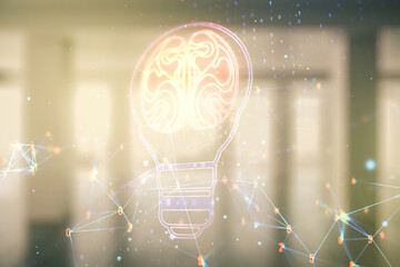 Aufkleber - Abstract virtual light bulb illustration with human brain on modern interior background, future technology concept. Multiexposure