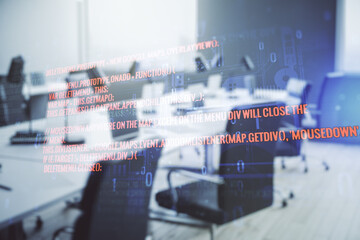 Poster - Multi exposure of abstract software development hologram on modern corporate office background, research and analytics concept