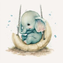  A Baby Elephant Sitting On A Swing With A Chain Hanging From It's Back And A Blue Background. Generative AI