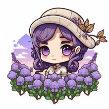  A Cartoon Girl With Purple Hair And A Hat On Her Head Standing In A Field Of Flowers With Purple Flowers.