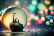 snow globe with a ship inside, ship to the north pole, snowy winter scene, colorful lights, Generative AI