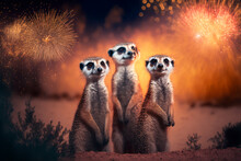 Three Meerkats With A Beautiful Display Of Fireworks In The Dark Sky Behind Them, New Year Fireworks, Generative AI