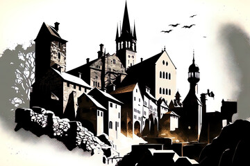 Sticker - Illustration of a medieval town from the past on a white backdrop. Generative AI