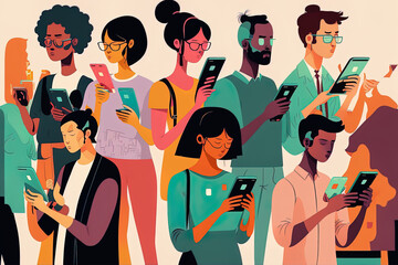 People from different backgrounds and ethnicities using smartphones in the context of smartphone addiction Simple character, flat design, and ease of use for your intended usage. Generative AI