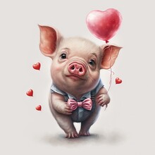  A Pig With A Bow Tie Holding A Heart Shaped Balloon In Its Paws And A Heart Shaped Balloon In The Air.