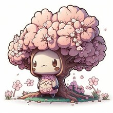  A Cartoon Character Sitting Under A Tree With Flowers On It's Branches And A Small Bird Sitting On The Tree. Generative AI