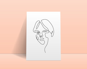 Poster - Modern abstract line minimalistic women face arts for wall decoration, postcard or brochure cover design. Realistic cover template. Woman face. One line art. Vector illustrations design