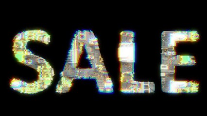 Poster - glitch style cybernetic animated text SALE on black bg, isolated - loop video