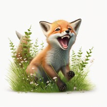  A Fox Is Sitting In The Grass And Yawning With Its Mouth Open And Tongue Out.