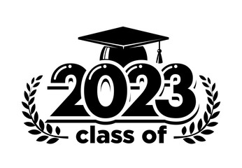 2023 class graduate header. The concept of decorate congratulation with  laurel wreath for school graduates. Design for t-shirt, flyer, invitation, greeting card. Illustration, vector