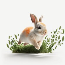  A Rabbit Jumping Over A Patch Of Grass With A Carrot On It's Back Legs And Ears.