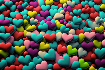 Wall Mural - ai midjourney illustration of colored 3d hearts as background image