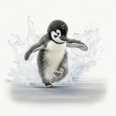 Poster -  a penguin is jumping into the water with its wings spread out and it's head is up and its body is down. Generative AI