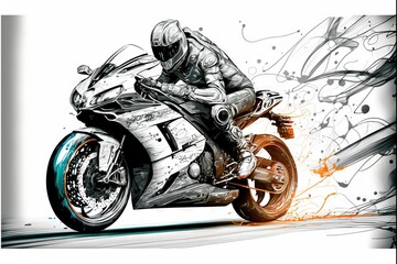 Wall Mural -  a drawing of a motorcycle rider on a track with splashing paint on it's side and a white background. generative ai