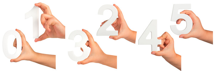 Aufkleber - Children's hands hold numbers. A set of white numbers in hands on a black isolated background. Zero, one, two, three, four, five