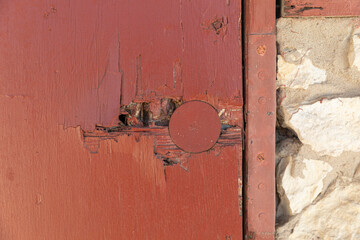 Wall Mural - Close up  partial damage wood  red antique door lock  in bad condition. 