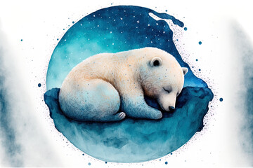 Wall Mural - Cute watercolor hand drawn picture of a bear sleeping on a blue moon with a white, isolated backdrop. Generative AI