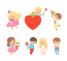 Poster - Cute Little Boy Giving Flowers to Girl Expressing Congratulations Vector Set