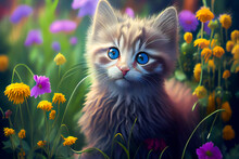 Little Kitten In Grass And Flowers.  Generative AI.