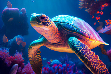 Wall Mural - Sea turtle swims under water.  Generative AI.