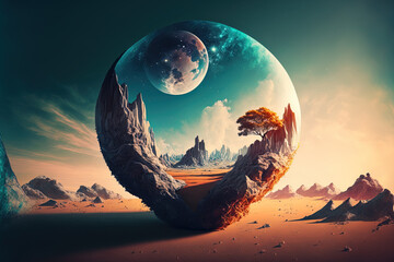 Wall Mural - amazing scene with cliff and planet in the sky. generative ai