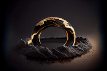 3d Render, Abstract Modern Wallpaper With Golden Ring Over The Levitating Black Rock With Gold Veins. Stone Isolated On Black Background