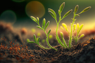 Canvas Print - Close up of tiny green seedlings sprouting in the ground. Generative AI