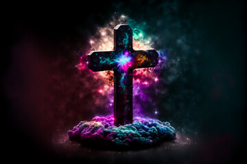 Jesus cross symbol on infinite galaxy background. Colorful universe background with Christian cross in the middle. Generative AI Christian religion Cross on spiritual background.