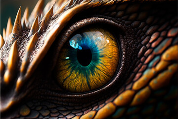 Close up of fantastic reptile eye. COldblooded predator eye stare at camera. Generative AI reptile dragon colorful eye.