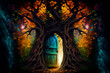 Enchanted fairy tale tree with magical secret wooden door. Magic doorway in a tree. Mysterious forest with a door in a tree that lead to wonderland. Generative AI dream world concept illustration.