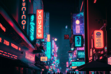 Wall Mural - A colorful anime style futuristic city with neon lights at night, generative ai