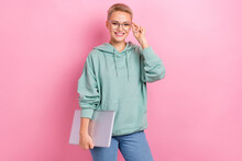 Photo Portrait Of Pretty Young Girl Laptop Touch Specs Confident Employee Dressed Stylish Khaki Outfit Isolated On Pink Color Background