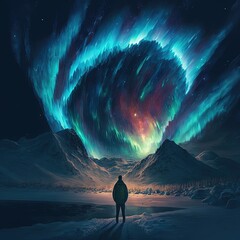 Poster - A person standing in winter and looking at northern lights on the sky.