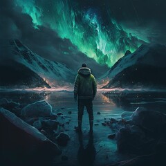 Wall Mural - A person standing in winter and looking at northern lights on the sky.