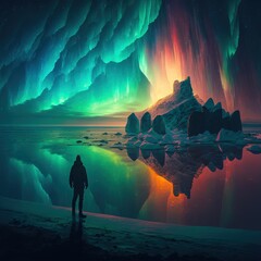 Wall Mural - A person standing in winter and looking at northern lights on the sky.