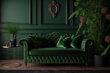 Mockup of a green sofa and other green furnishings in a luxurious living room, set against a dark green wall. Digital three dimensional modeling. Generative AI