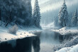 Beautiful winter landscape with snowy trees, river and haze. Generative AI