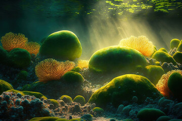 Under the influence of the sun's rays, the seabed's stones and algae flourish. Generative AI