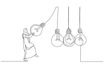 Wall Mural - Illustration of arab muslim businesswoman manager pull bright lightbulb as pendulum to transfer knowledge. Single line art style