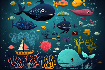 Wall Mural - Cartoon picture for children including a cute octopus fish, bathyscaphe, crab, ship, star, hammerhead shark, sea horse, and other water life. Generative AI